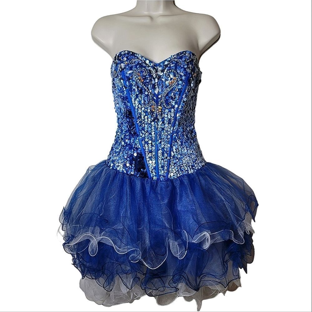 Samila Blue Sequin Embroidered Sweetheart Corseted Layered Tull Homecoming Dress